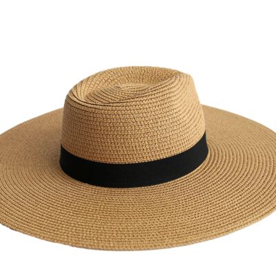 Tan Wide Brim Straw Fedora Hat