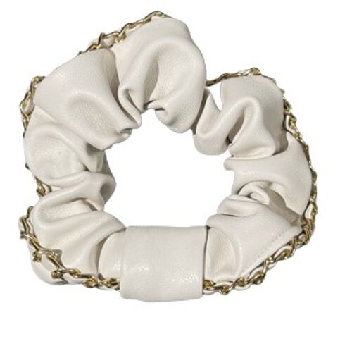 Cream Faux Leather Scrunchie with Chain Edge Detail