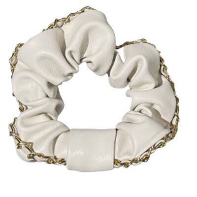 Cream Faux Leather Scrunchie with Chain Edge Detail