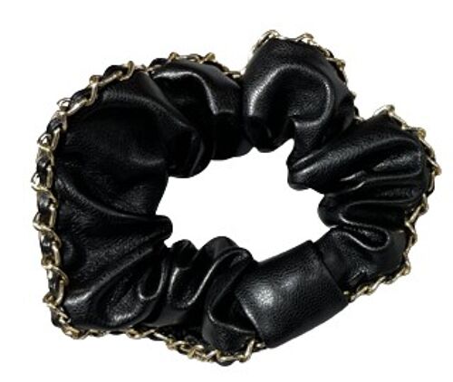 Black Faux Leather Scrunchie with Gold Chain Detail