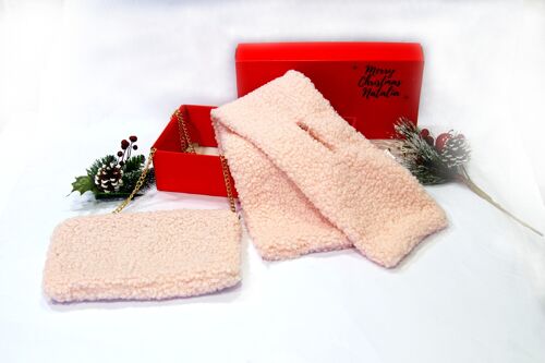 Pink Teddy Bag and Scarf Set  - In Red Gift Box with Christmas Ribbon