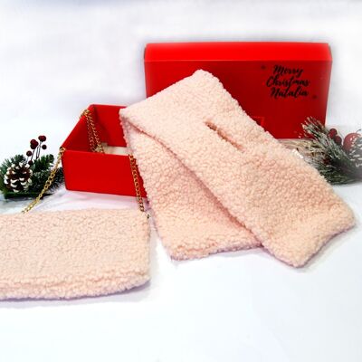 Pink Teddy Bag and Scarf Set  - In Red Gift Box with Christmas Ribbon