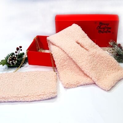 Pink Teddy Bag and Scarf Set  - In Red Gift Box with Christmas Ribbon