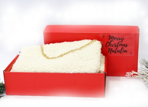 Cream Teddy Bag and Scarf Set  - In Red Gift Box with Christmas Ribbon