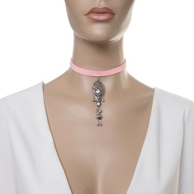 Suede Choker w/ Embellished Hanging Pendant & Bead Charms