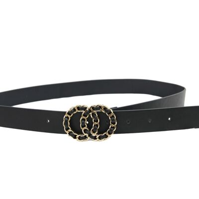 Black Double Circle PU and metal Link Buckle on Faux Leather Belt