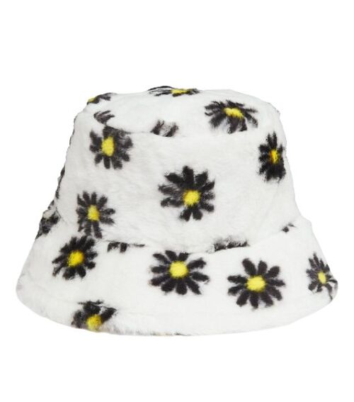 White Daisy Faux Fur Bucket Hat
