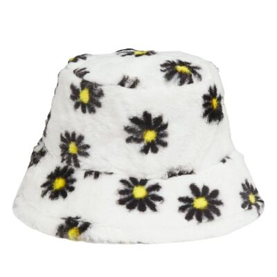 White Daisy Faux Fur Bucket Hat