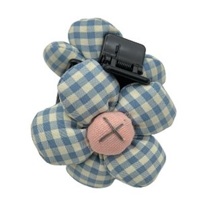 Blue Oversized Puffy Gingham Flower Hair Claw