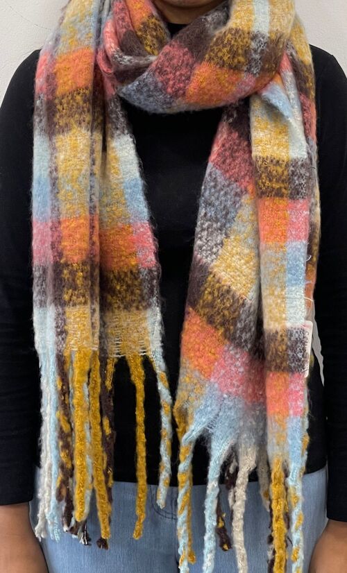 Pink, Blue And Mustard Chunky Knit Scarf