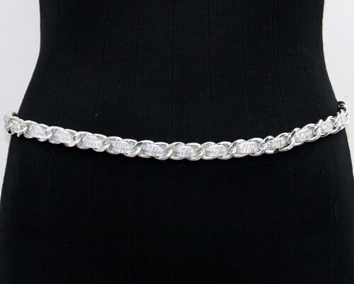 Silver Hollo PU and Chain Link Chain Belt