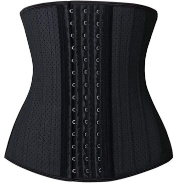 Corset taille noire avec crochet et fermeture à œil et 9 os pour un soutien supplémentaire.