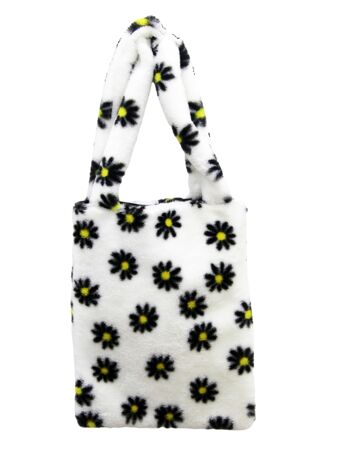 Sac en fausse fourrure blanche avec motif marguerite