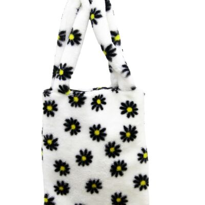 White Faux Fur Bag with Daisy Design