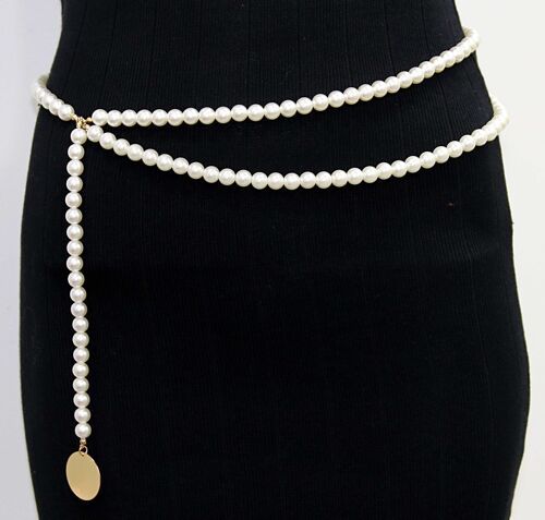 Pearl Layered Chain Belt with Gold Coin Drop