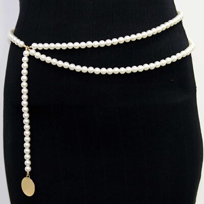 Pearl Layered Chain Belt with Gold Coin Drop