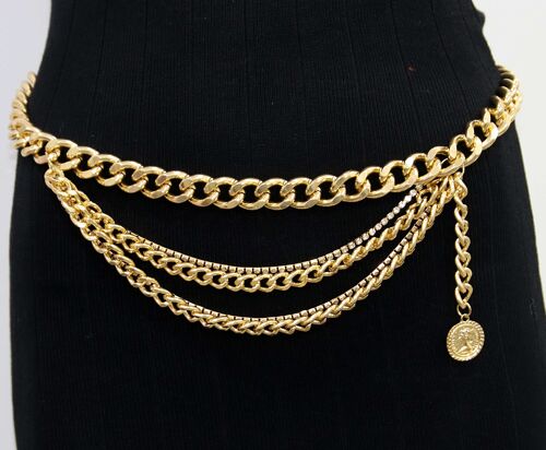 Gold Layered Chunky Chain and Diamante Chain Belt with Coin Drop Detail