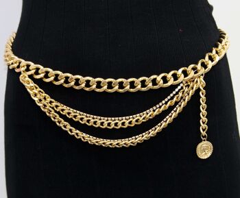 Chaîne épaisse superposée dorée et ceinture en chaîne à strass avec détail de goutte de pièce de monnaie
