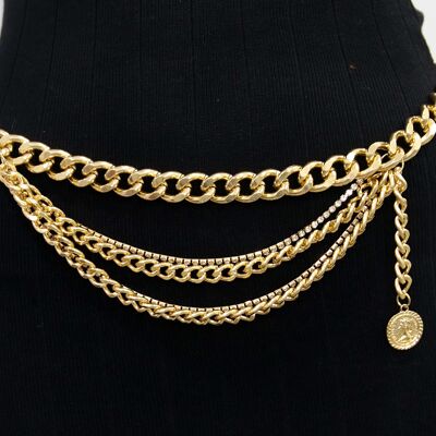Gold Layered Chunky Chain and Diamante Chain Belt with Coin Drop Detail