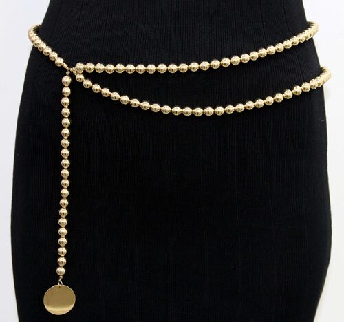 Gold Bead Layered Chain Belt with Gold Coin Drop