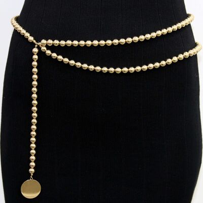 Gold Bead Layered Chain Belt with Gold Coin Drop