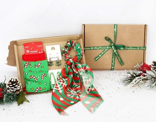 4pc Green Christmas Gift Set - Socks, Scrunchie, Earrings, Hair Clips