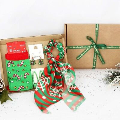 4pc Green Christmas Gift Set - Socks, Scrunchie, Earrings, Hair Clips