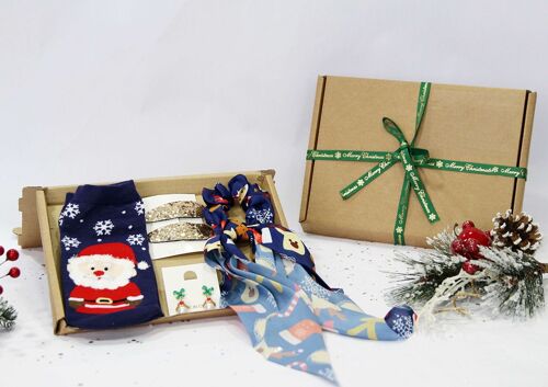 4pc Blue Christmas Gift Set - Socks, Scrunchie, Earrings, Hair Clips
