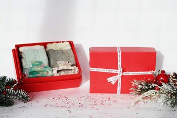 Coffret cadeau 4 pièces - 2 paires de chaussettes et 2 pinces à cheveux assorties dans une boîte cadeau rouge avec ruban de Noël