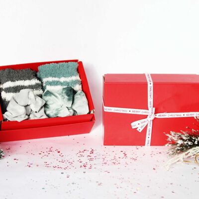 4pc Gift Set - 2 Pairs of Socks and 2 Scrunchies in Red Gift Box with Christmas Ribbon