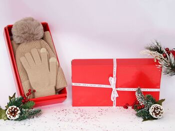 Ensemble bonnet, gants, écharpe beige - dans une boîte cadeau rouge avec ruban de Noël