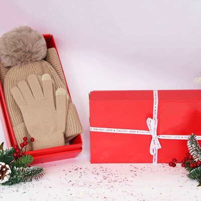 Beige Beanie, Gloves, Scarf Set  - In Red Gift Box with Christmas Ribbon