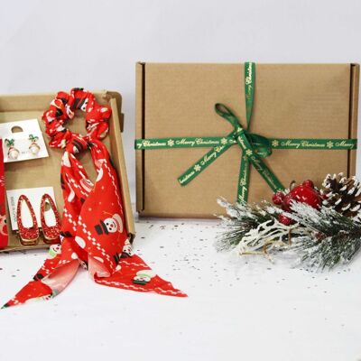 4pc Red Christmas Gift Set - Socks, Scrunchie, Earrings, Hair Clips