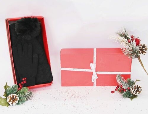 Black Beanie, Gloves, Scarf Set  - In Red Gift Box with Christmas Ribbon