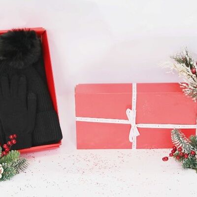 Black Beanie, Gloves, Scarf Set  - In Red Gift Box with Christmas Ribbon