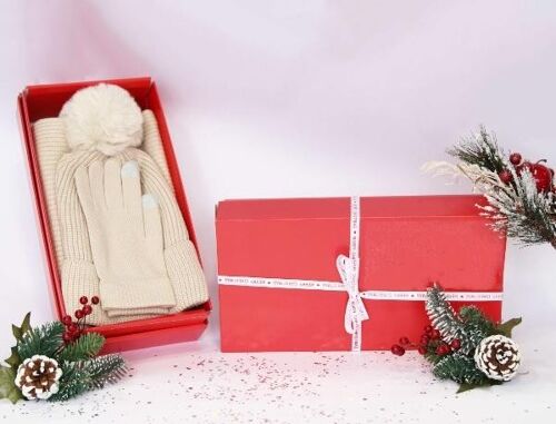 Cream Beanie, Gloves, Scarf Set  - In Red Gift Box with Christmas Ribbon