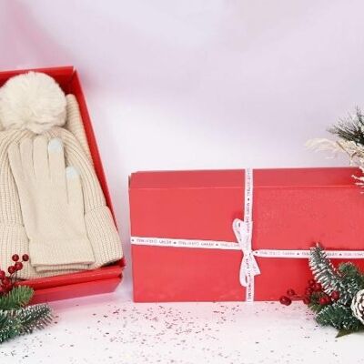 Cream Beanie, Gloves, Scarf Set  - In Red Gift Box with Christmas Ribbon