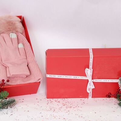 Pink Beanie, Gloves, Scarf Set  - In Red Gift Box with Christmas Ribbon