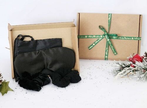 3pc Black Satin Eyemask with Satin and Velvet Scrunchies in Gift Box with Christmas Ribbon