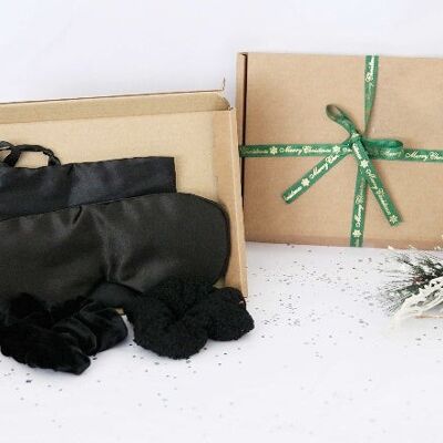 3pc Black Satin Eyemask with Satin and Velvet Scrunchies in Gift Box with Christmas Ribbon