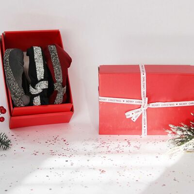 3-teilige Edelstein- und Samt-Stirnbänder in roter Geschenkbox mit Weihnachtsband