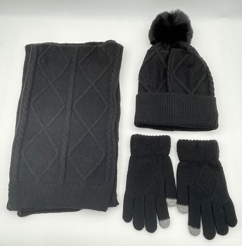 Black Scarf Beanie And Glove Set