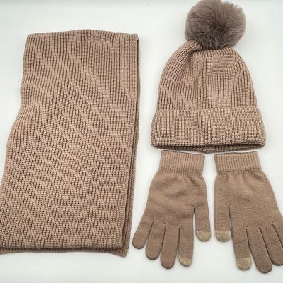 Mink Knitted Scarf Beanie And Glove Set
