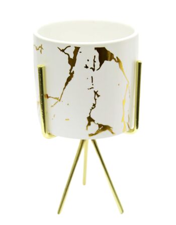 Pot de fleurs blanc avec détails en marbre doré avec support doré