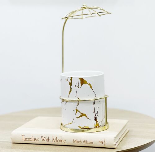 White and Gold Marble Design Pot with Gold Umbrella Detail