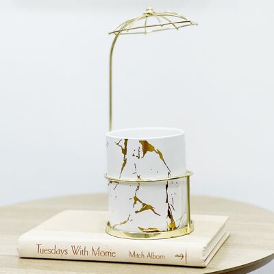 White and Gold Marble Design Pot with Gold Umbrella Detail