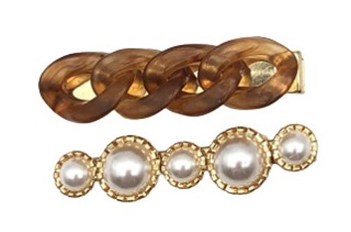 Brown 2 Pack Chain Link And Pearl Hair Clips