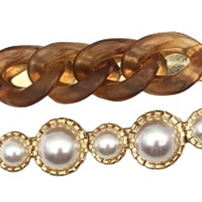 Brown 2 Pack Chain Link And Pearl Hair Clips
