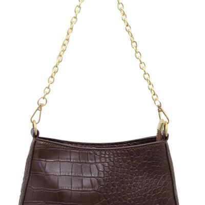Brown Croc Faux Leather Curved Bag with Gold Chain