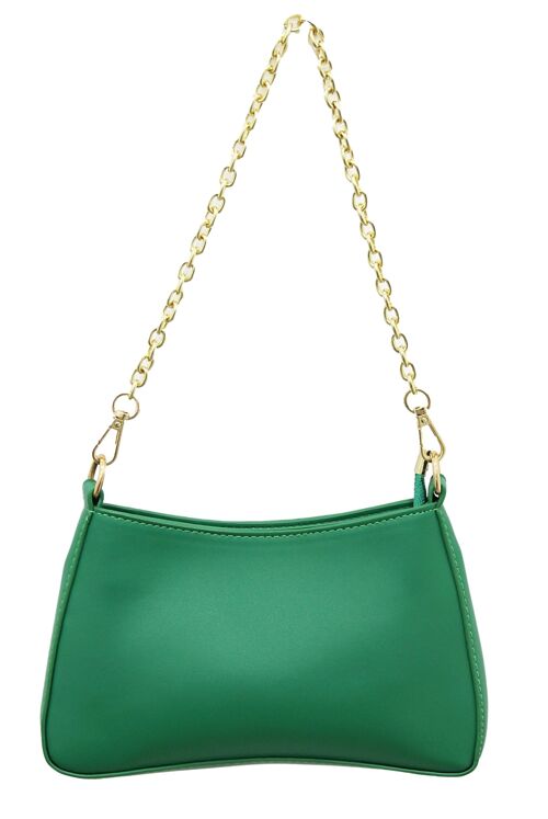 Green Faux Leather Curved Bag with Gold Chain